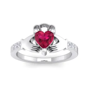 1 Carat Heart Shape Ruby And Diamond Claddagh Ring In 14 Karat White Gold