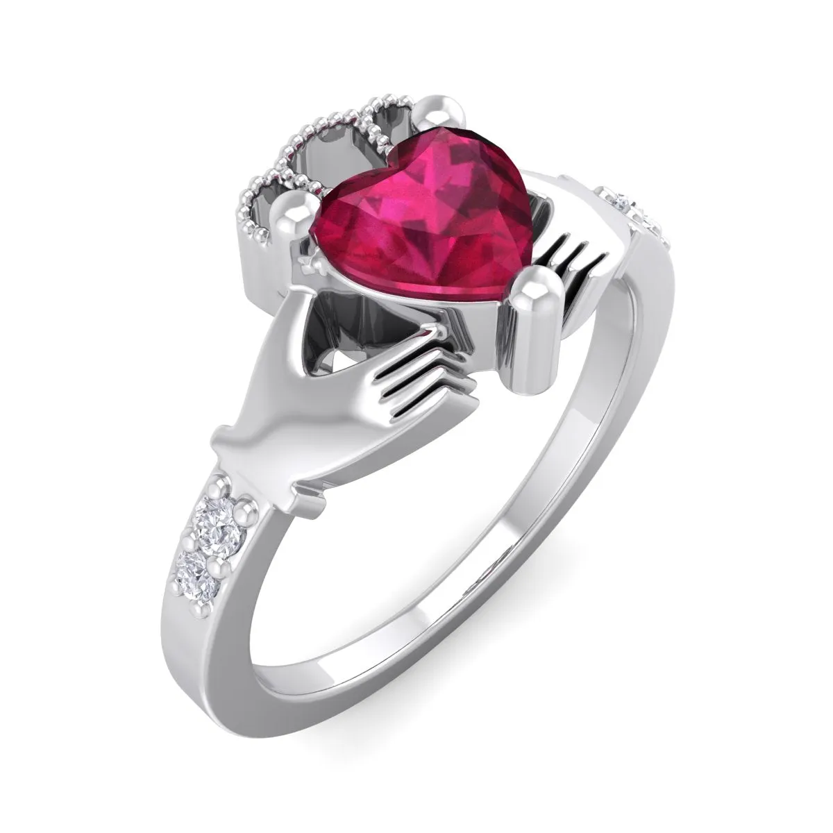 1 Carat Heart Shape Ruby And Diamond Claddagh Ring In 14 Karat White Gold