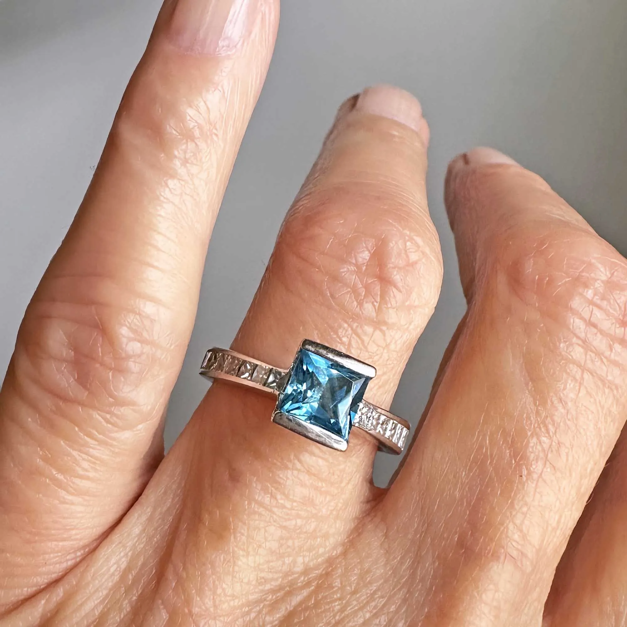 1 Carat Princess Cut Diamond Blue Topaz Ring 14K White Gold