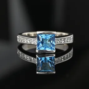 1 Carat Princess Cut Diamond Blue Topaz Ring 14K White Gold