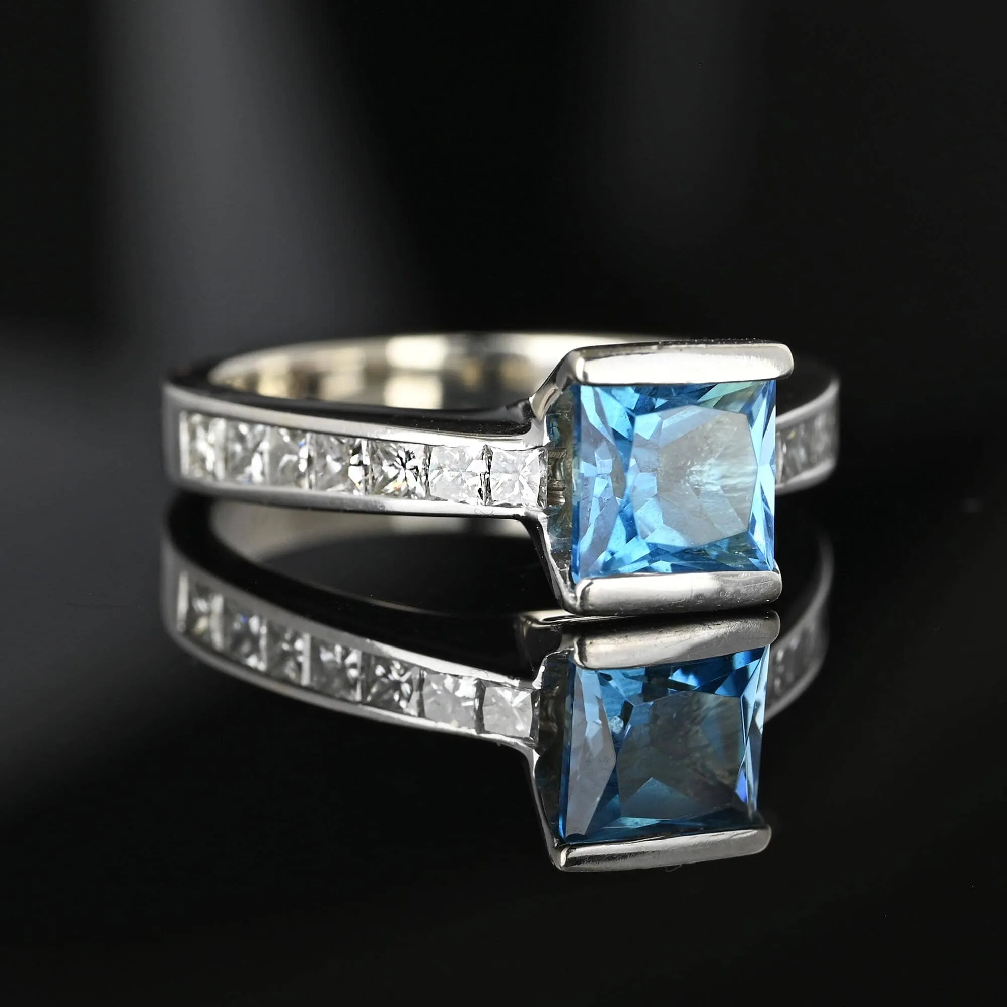 1 Carat Princess Cut Diamond Blue Topaz Ring 14K White Gold