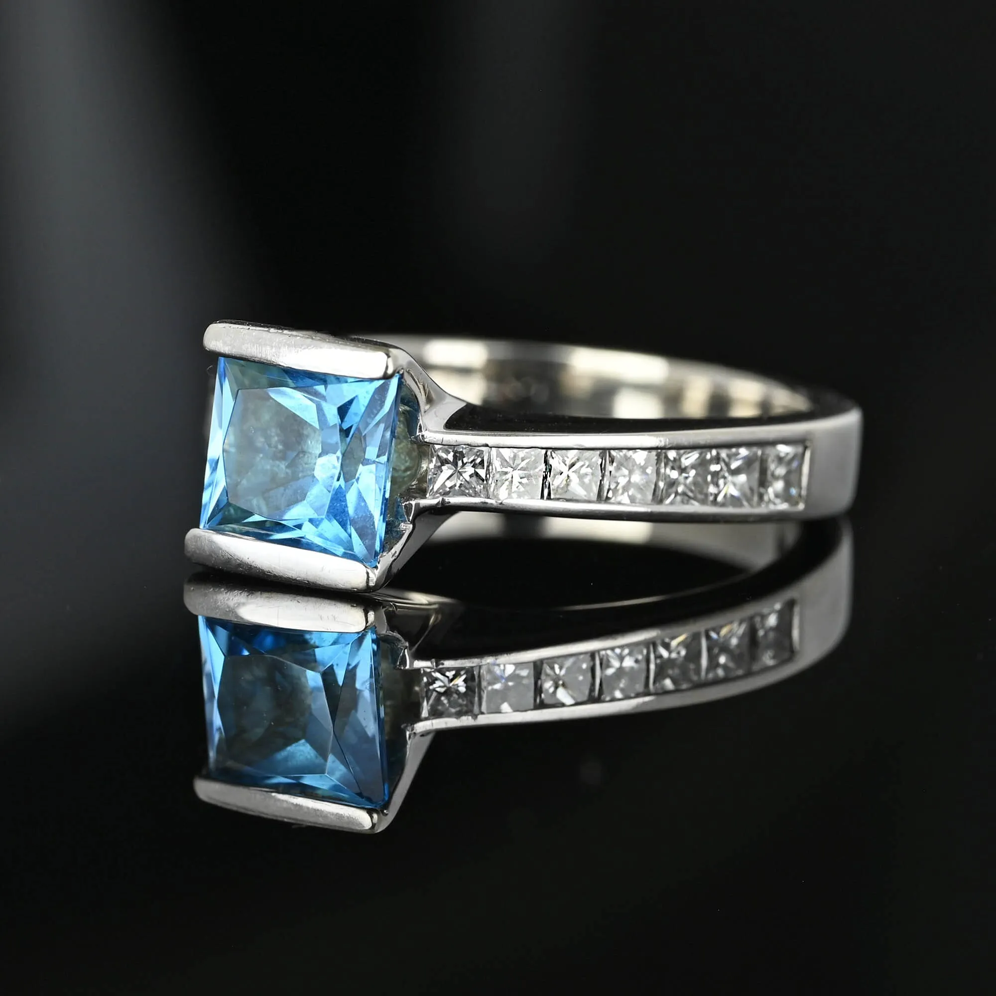 1 Carat Princess Cut Diamond Blue Topaz Ring 14K White Gold