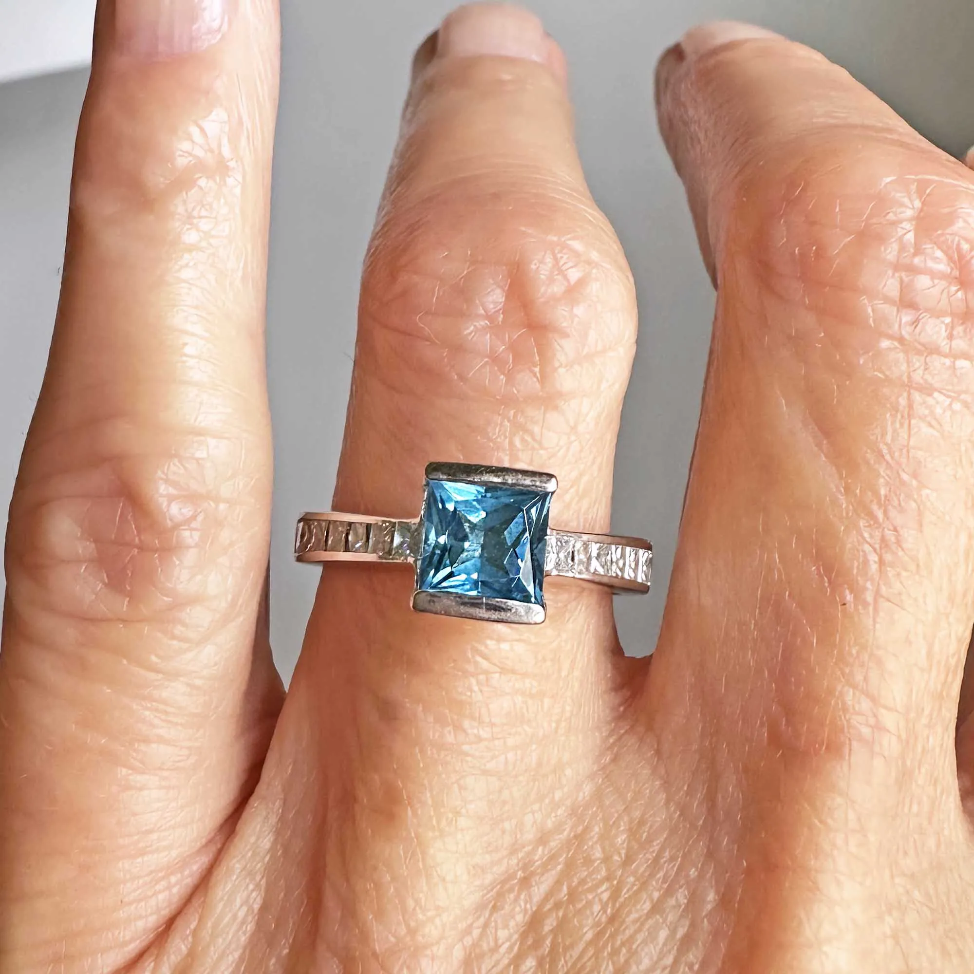 1 Carat Princess Cut Diamond Blue Topaz Ring 14K White Gold