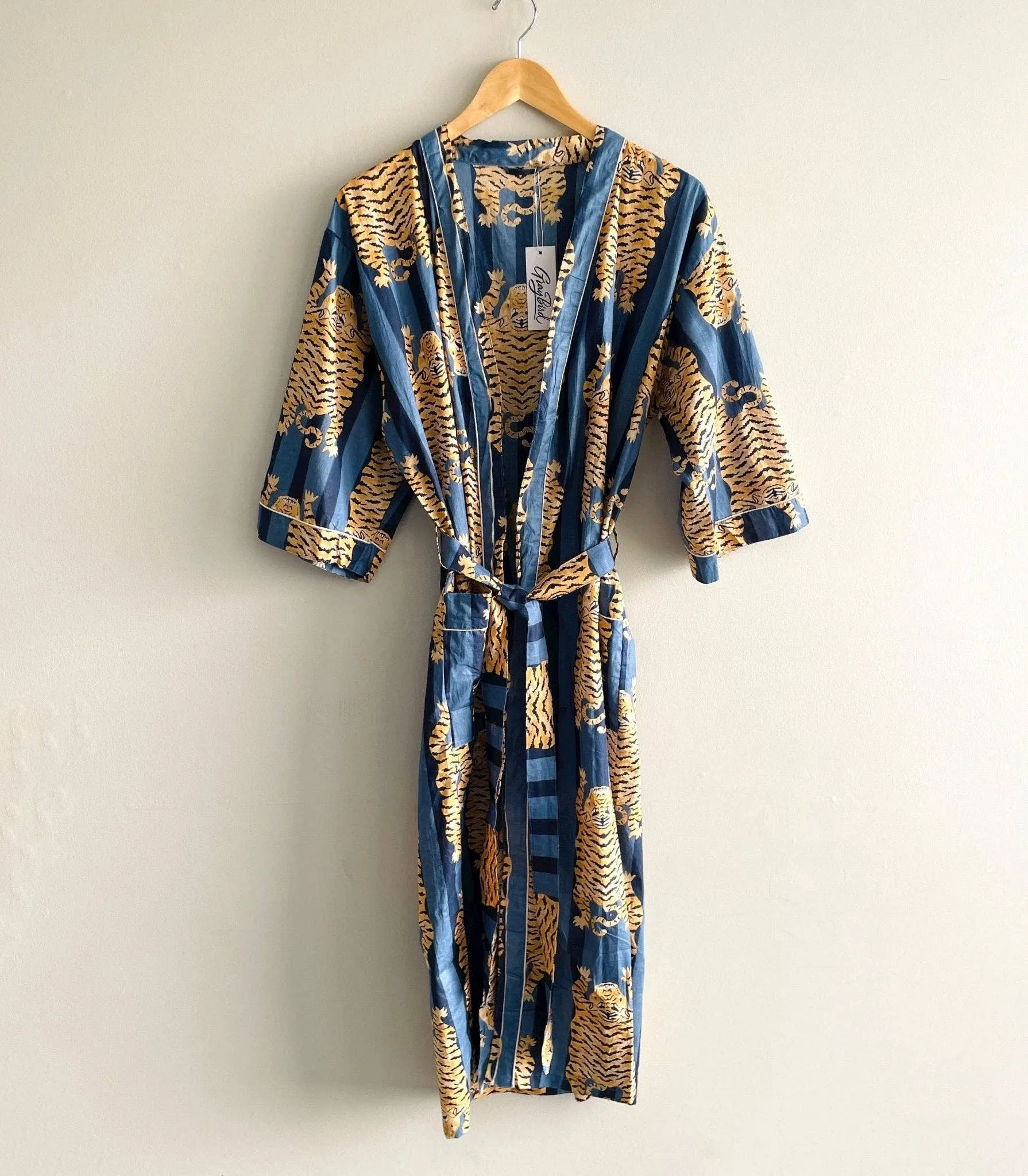 100% Cotton Block Printed Kimono Robe- Blue Tiger