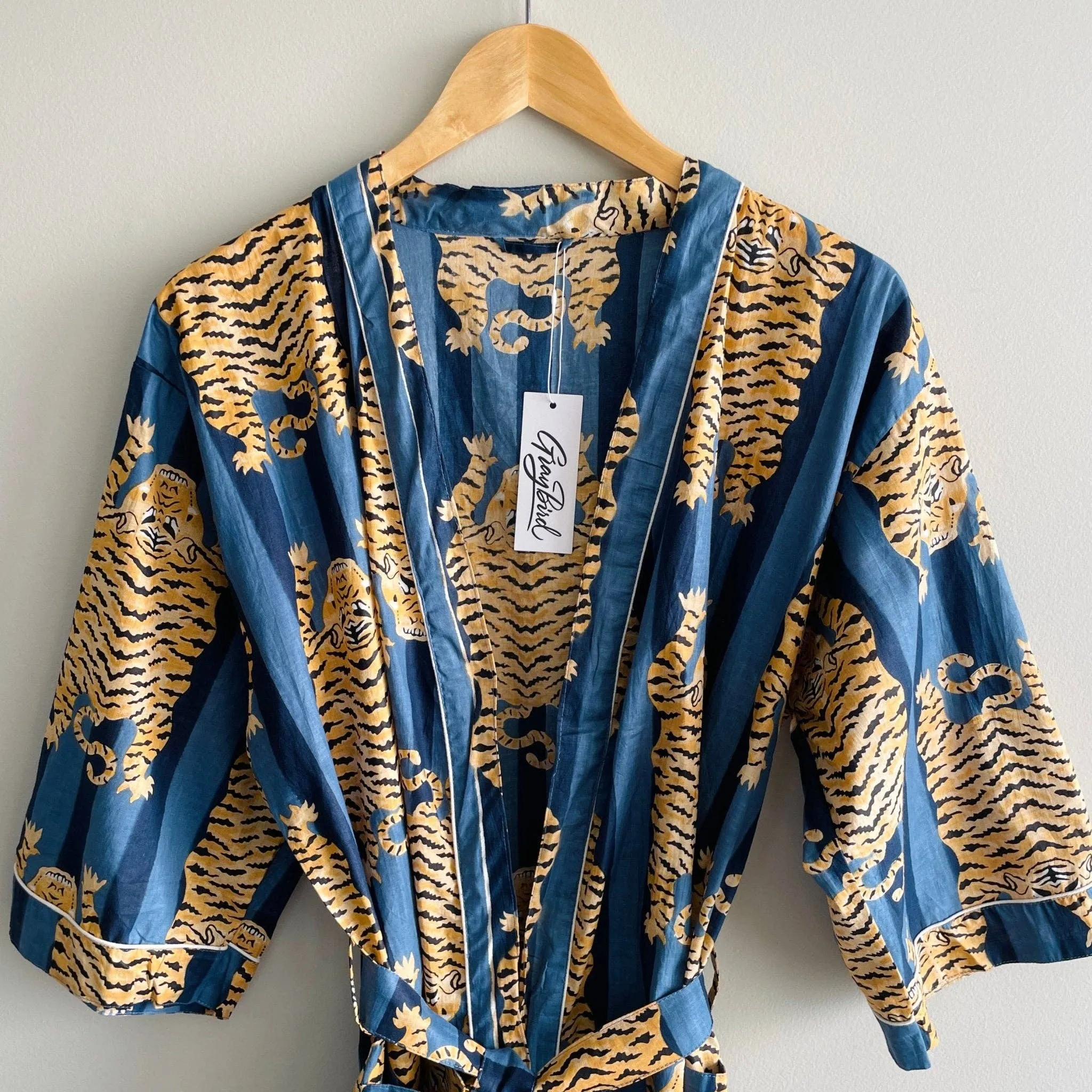 100% Cotton Block Printed Kimono Robe- Blue Tiger