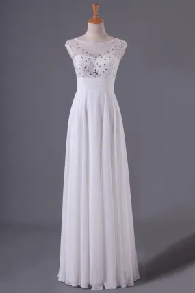 2024 White Bateau A-Line Prom Dresses Chiffon Floor-Length With Beads PL7AEJ2R