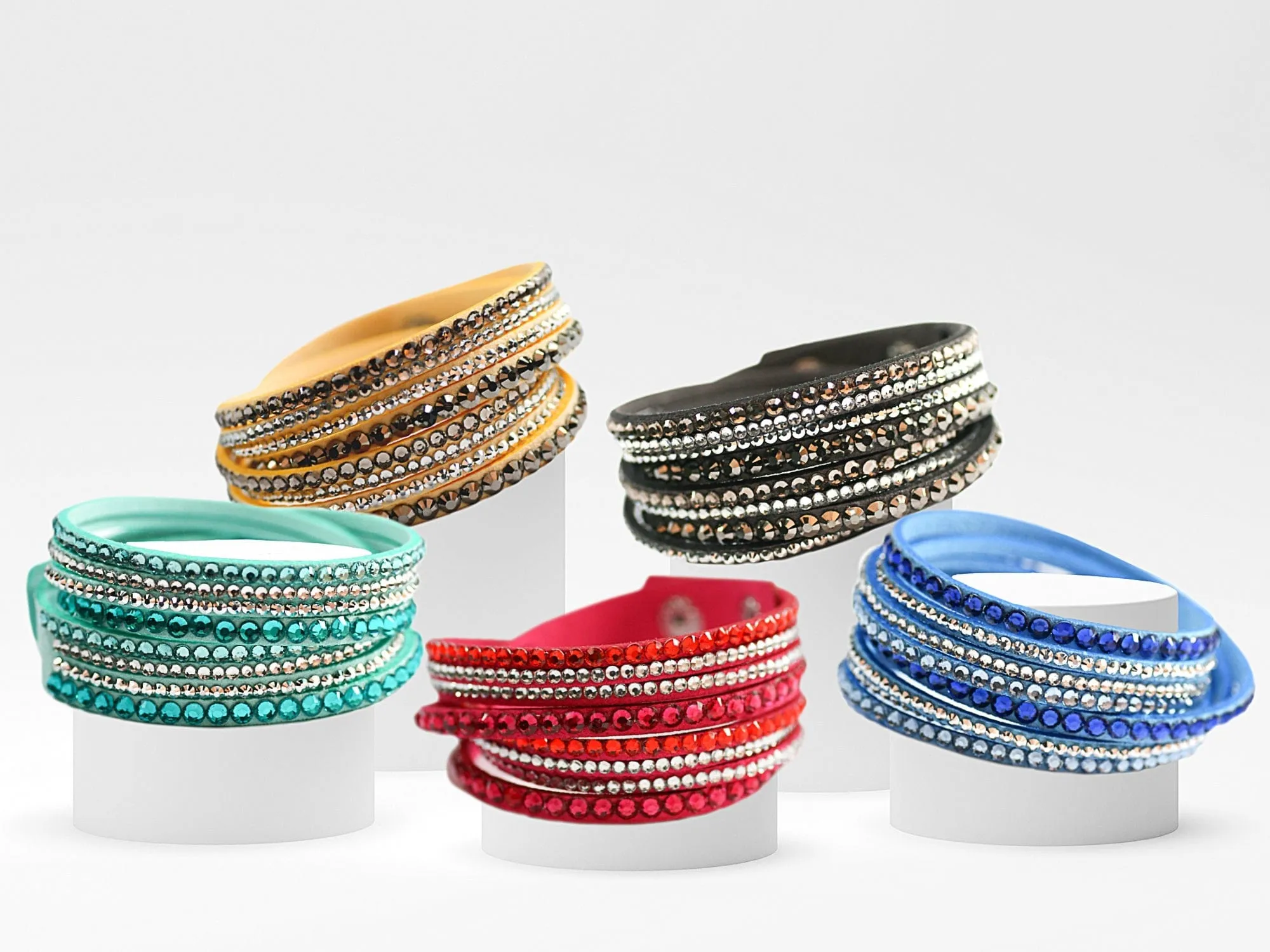 5 Leatherette Wrap Bracelets with Crystals