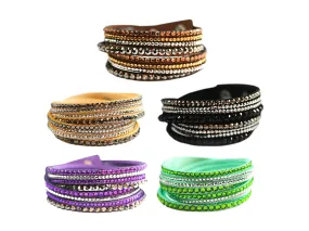 5 Leatherette Wrap Bracelets with Crystals