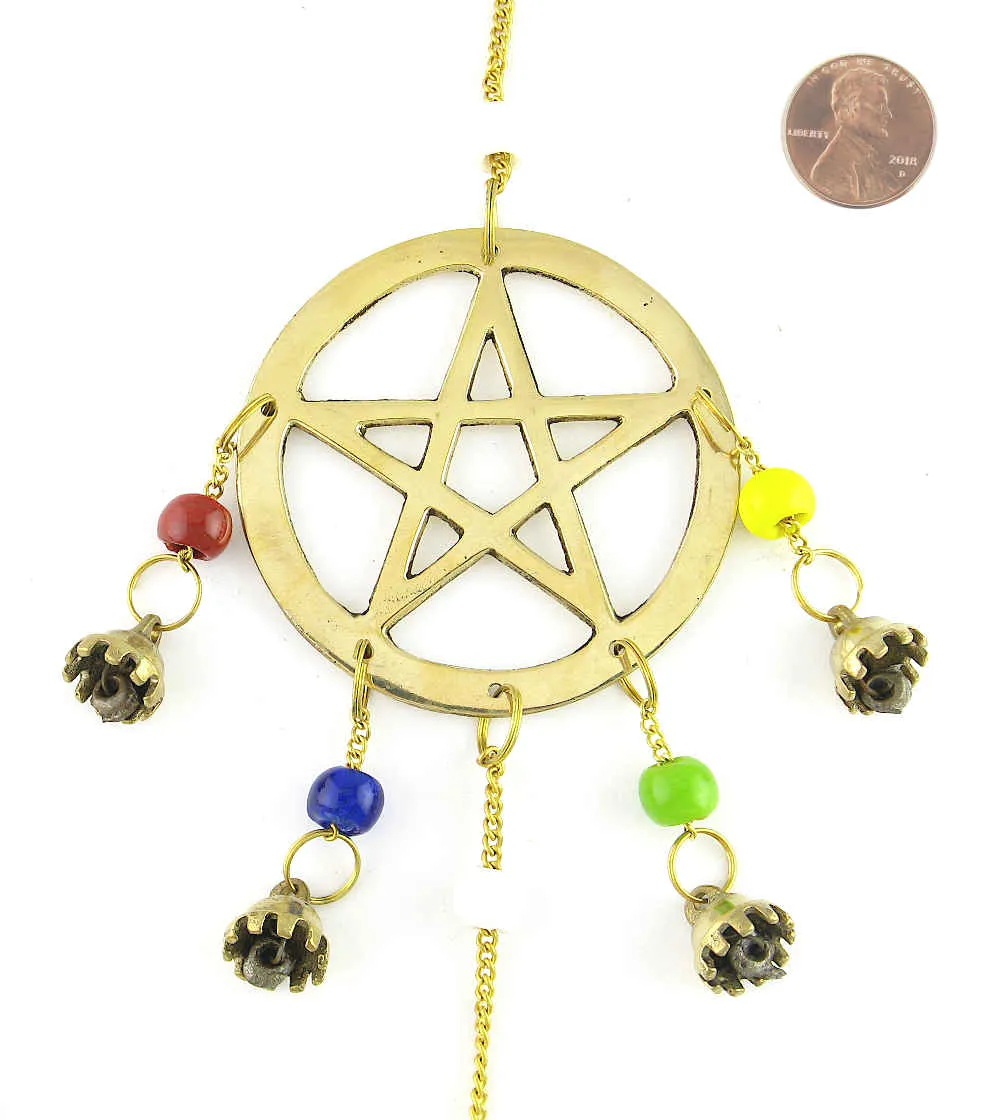 5 Pentagrams Long Brass Wind Chime w/ Bells