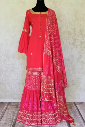 502336 Pink Embroidered Lace Cotton Sharara Suit with Dupatta