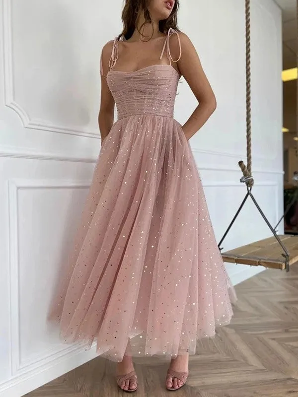 A-Line Tulle Spaghetti Straps Short Prom Dresses with Pockets