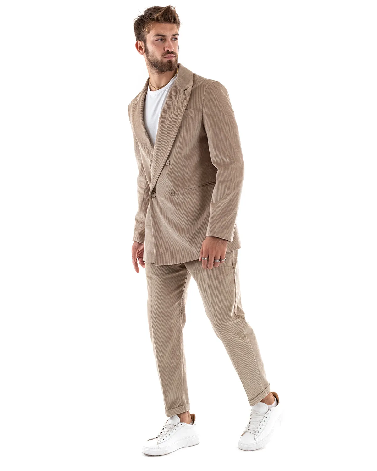 Abito Uomo Doppiopetto Vestito Velluto Completo Giacca Pantaloni Beige Elegante Cerimonia GIOSAL-OU2191A