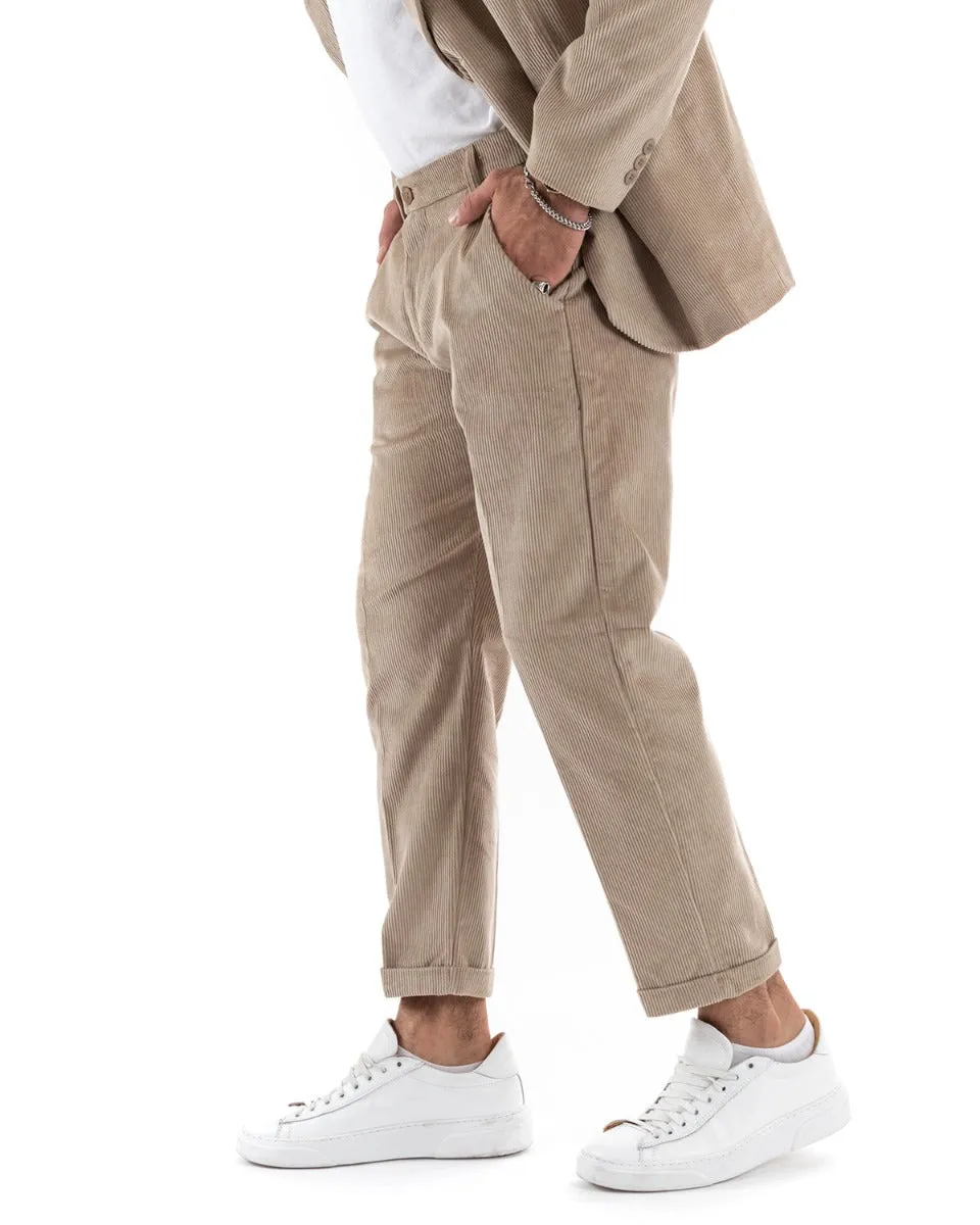 Abito Uomo Doppiopetto Vestito Velluto Completo Giacca Pantaloni Beige Elegante Cerimonia GIOSAL-OU2191A