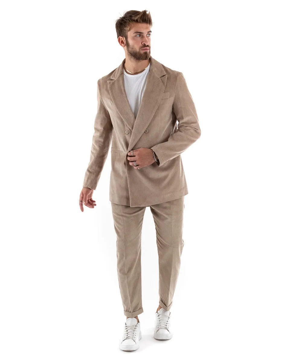 Abito Uomo Doppiopetto Vestito Velluto Completo Giacca Pantaloni Beige Elegante Cerimonia GIOSAL-OU2191A