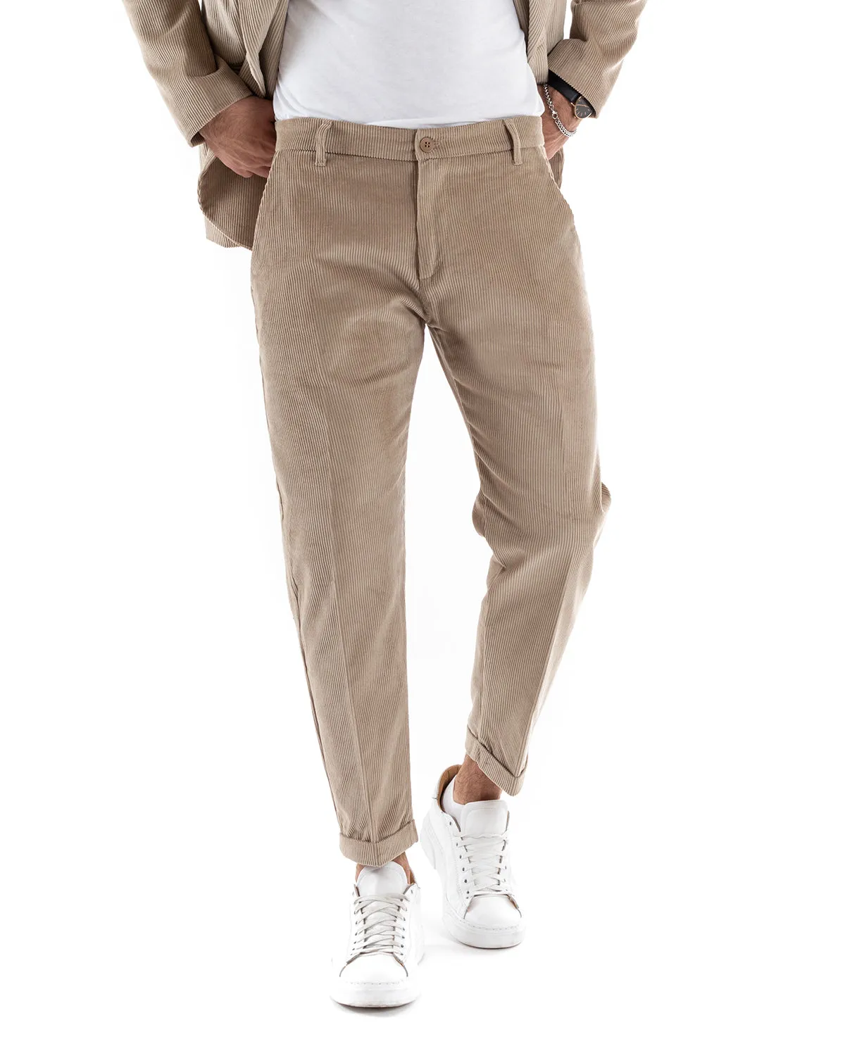 Abito Uomo Doppiopetto Vestito Velluto Completo Giacca Pantaloni Beige Elegante Cerimonia GIOSAL-OU2191A