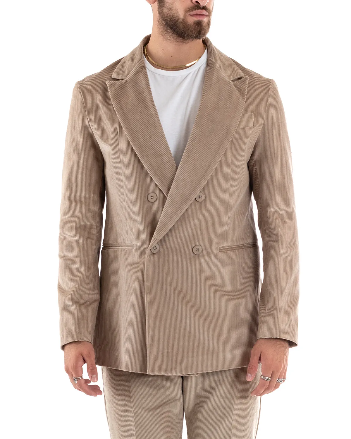 Abito Uomo Doppiopetto Vestito Velluto Completo Giacca Pantaloni Beige Elegante Cerimonia GIOSAL-OU2191A