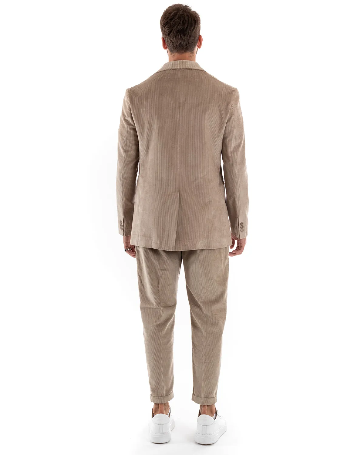 Abito Uomo Doppiopetto Vestito Velluto Completo Giacca Pantaloni Beige Elegante Cerimonia GIOSAL-OU2191A