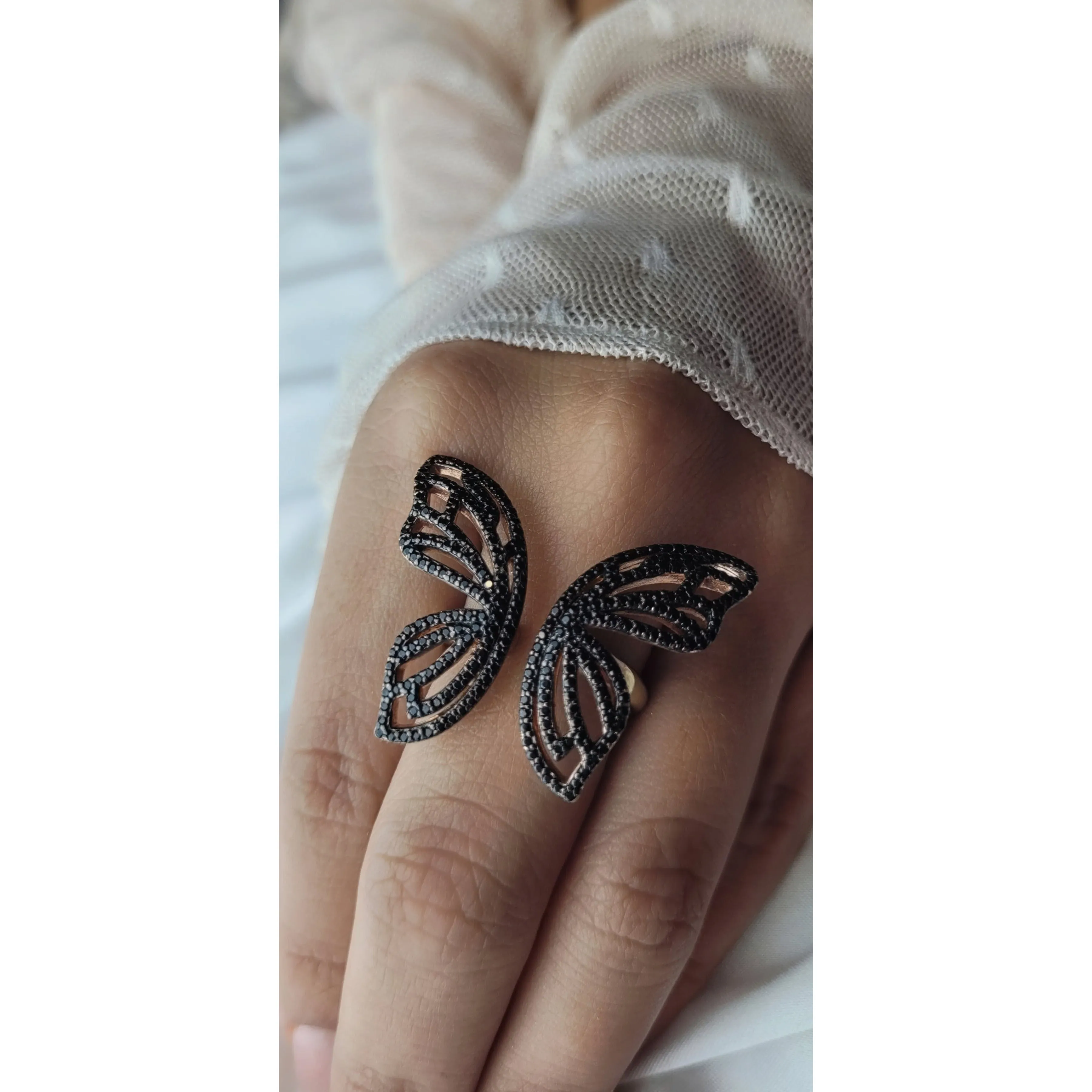 Adjustable Black Butterfly Ring Sterling Silver