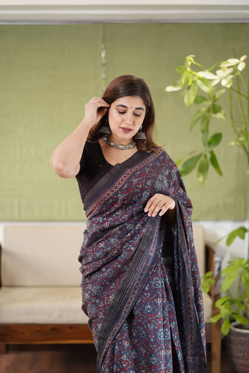 Ajrakh Hand Block Printed Eri Silk saree