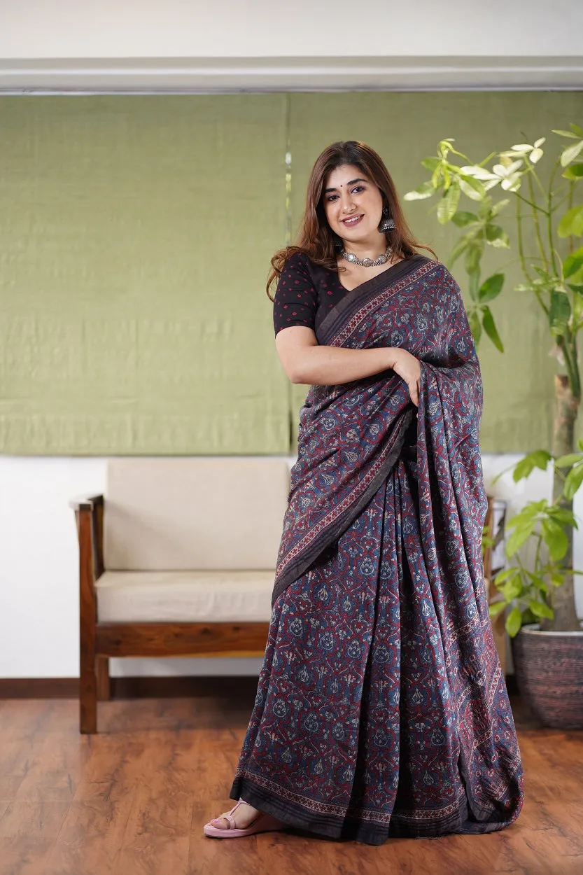 Ajrakh Hand Block Printed Eri Silk saree