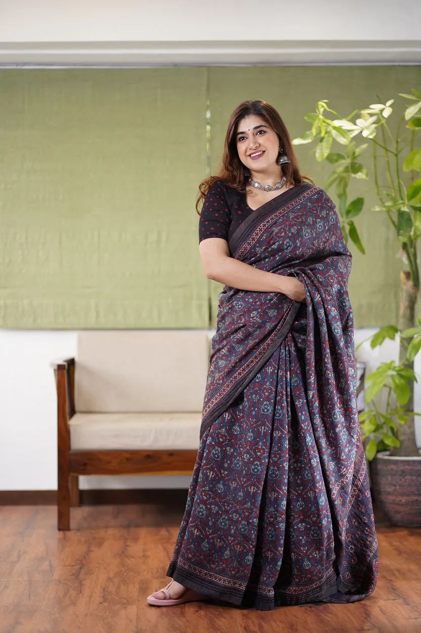 Ajrakh Hand Block Printed Eri Silk saree