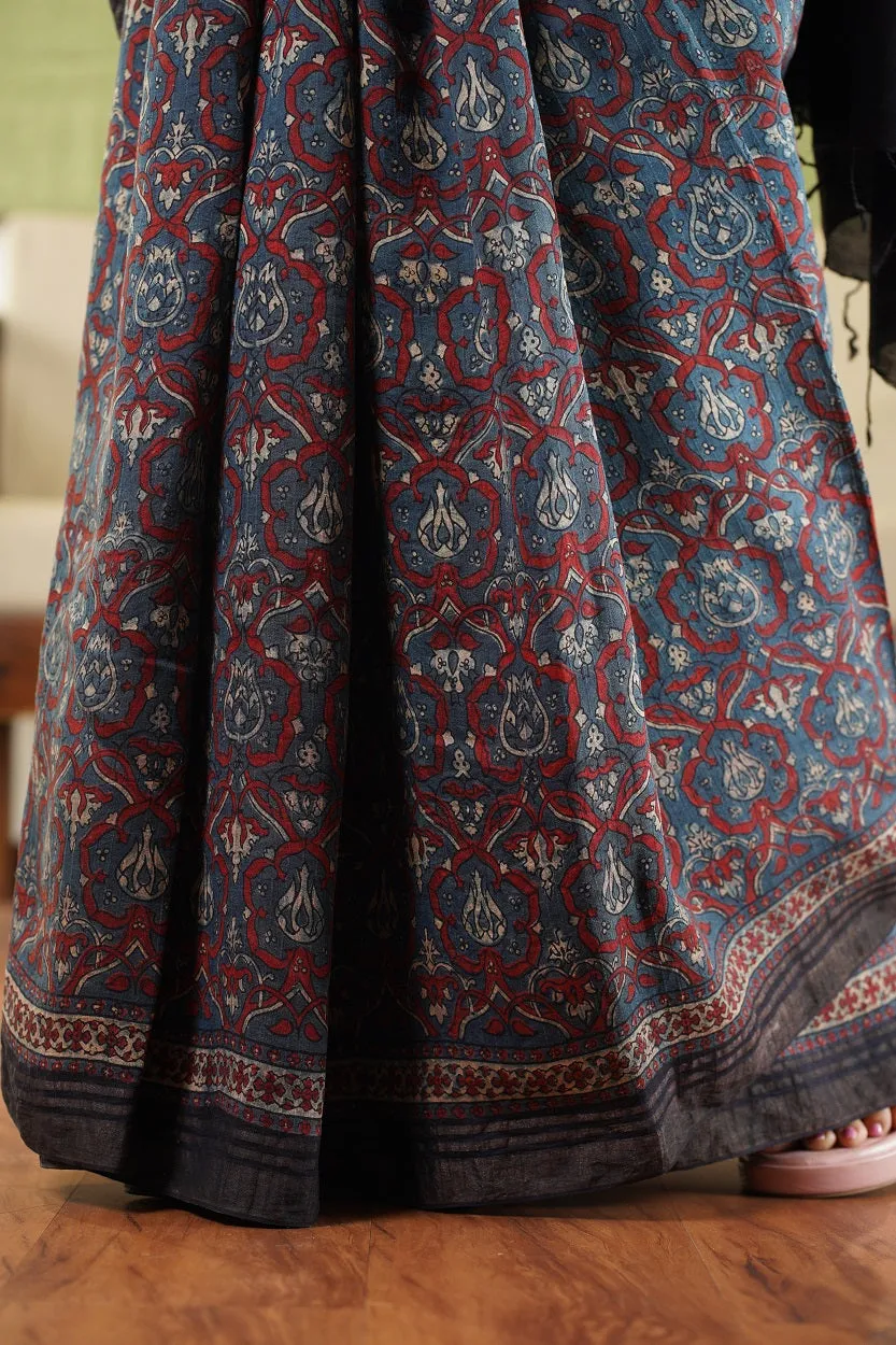 Ajrakh Hand Block Printed Eri Silk saree