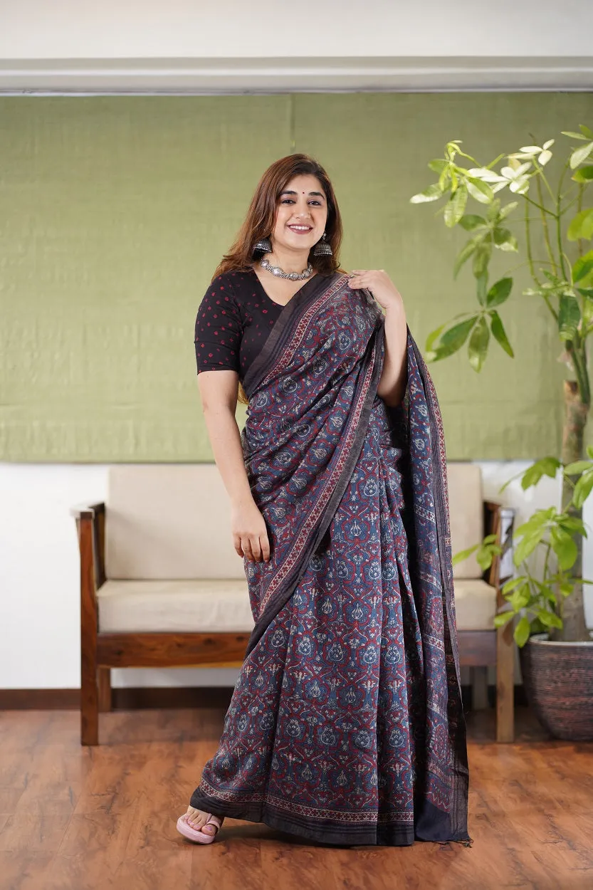 Ajrakh Hand Block Printed Eri Silk saree