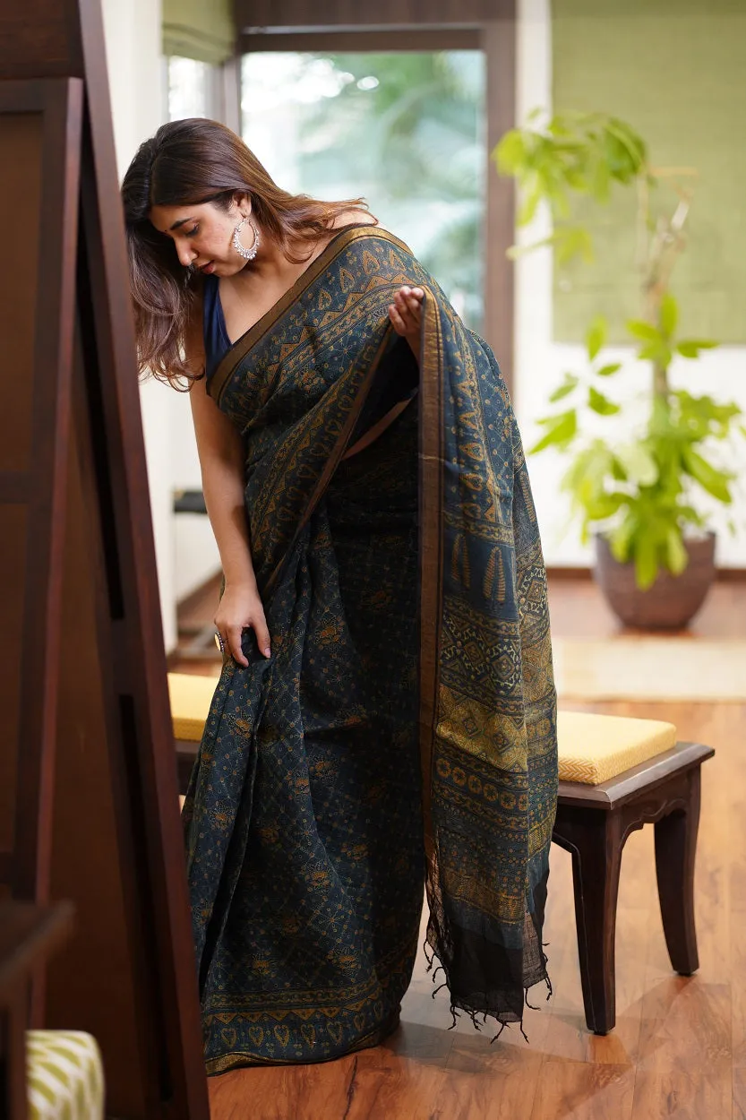 Ajrakh Hand Block Printed Linen Saree