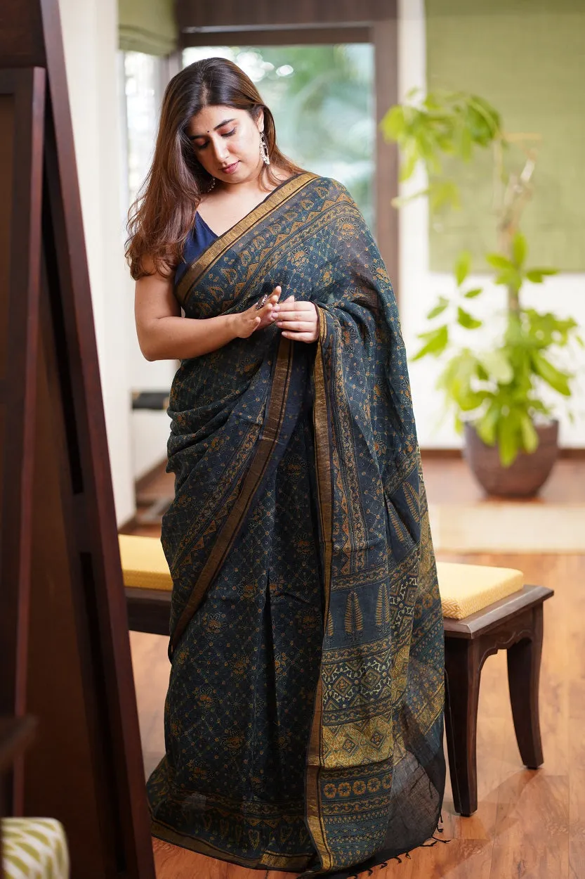 Ajrakh Hand Block Printed Linen Saree