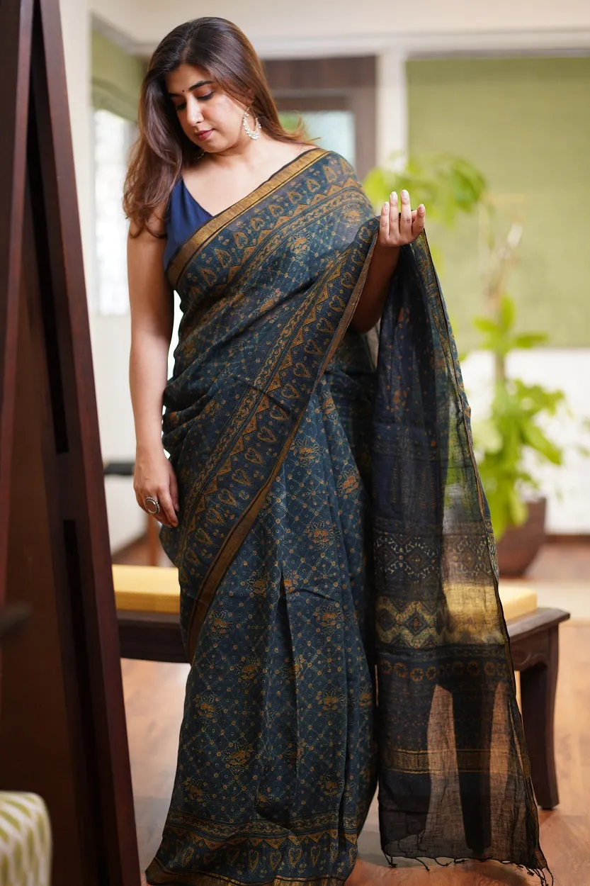 Ajrakh Hand Block Printed Linen Saree