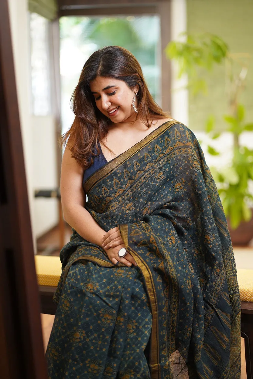 Ajrakh Hand Block Printed Linen Saree