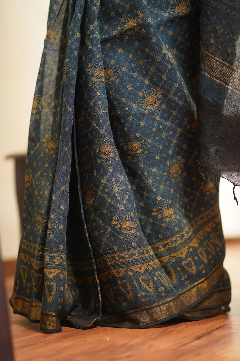 Ajrakh Hand Block Printed Linen Saree