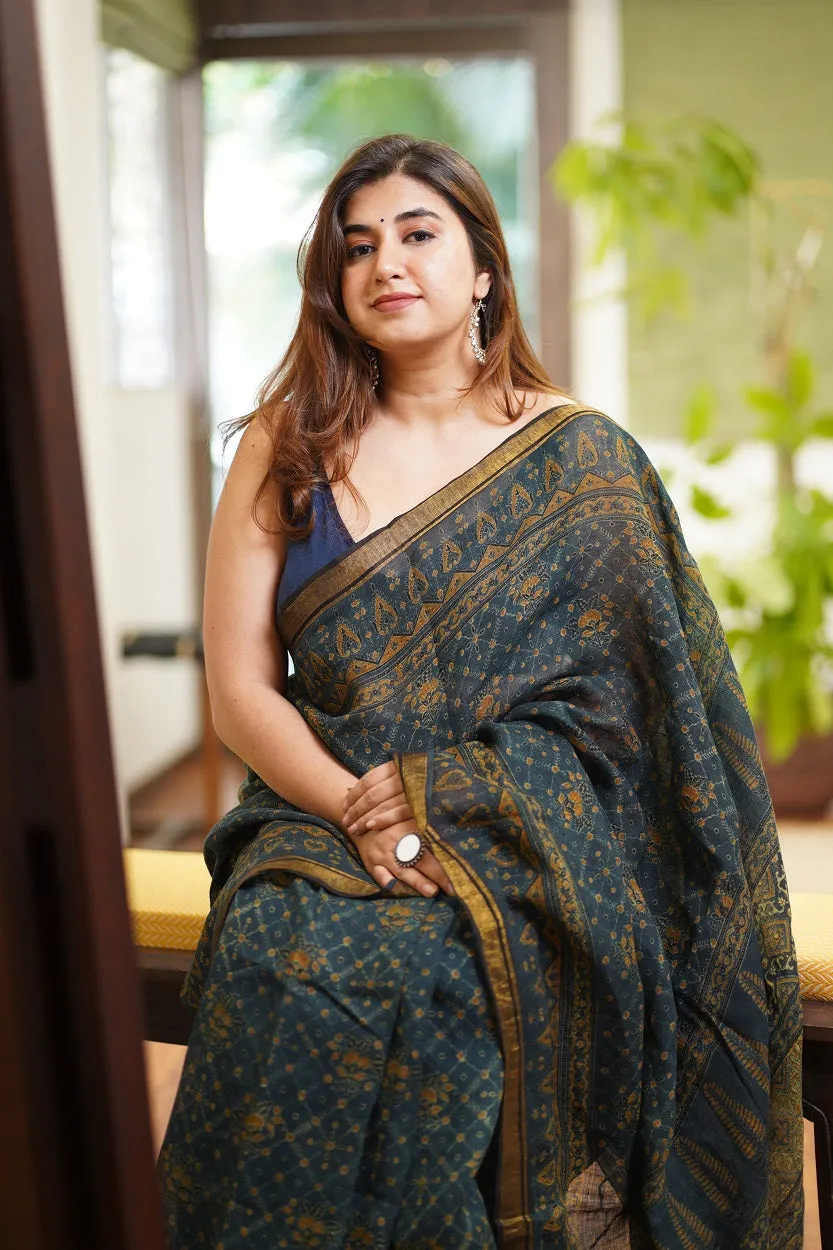 Ajrakh Hand Block Printed Linen Saree