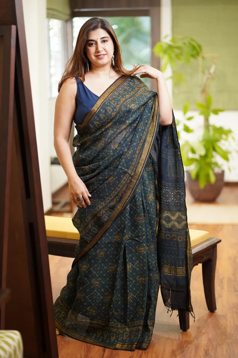 Ajrakh Hand Block Printed Linen Saree