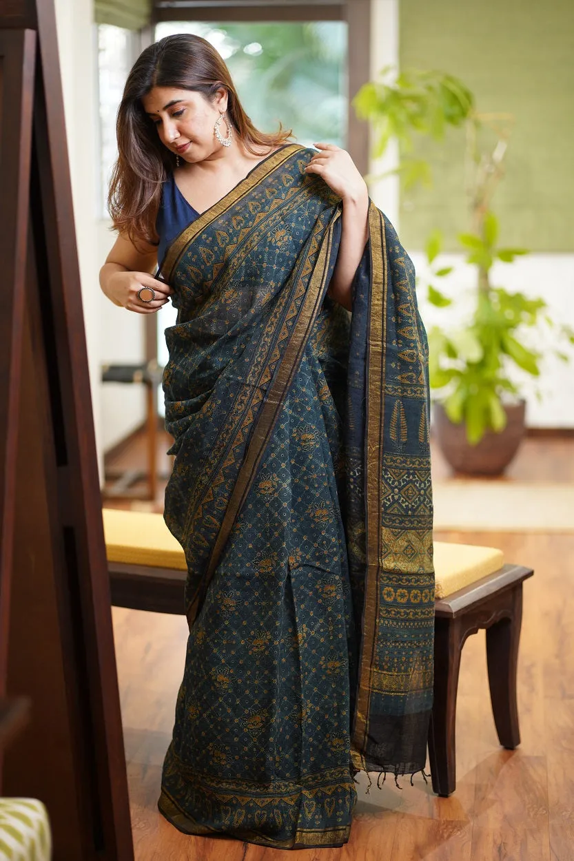 Ajrakh Hand Block Printed Linen Saree