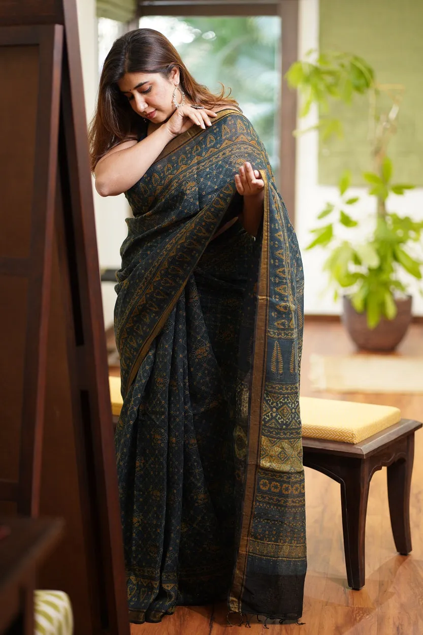 Ajrakh Hand Block Printed Linen Saree