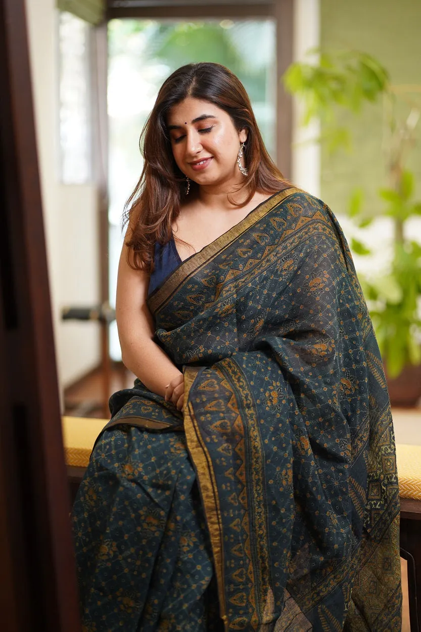 Ajrakh Hand Block Printed Linen Saree