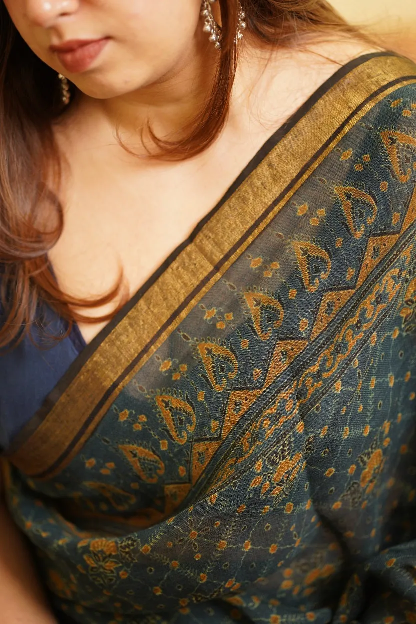 Ajrakh Hand Block Printed Linen Saree