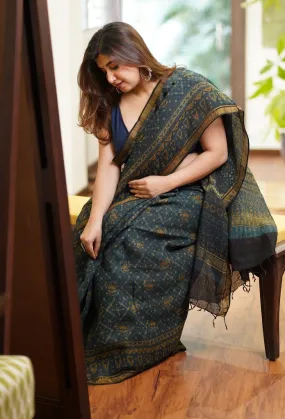 Ajrakh Hand Block Printed Linen Saree