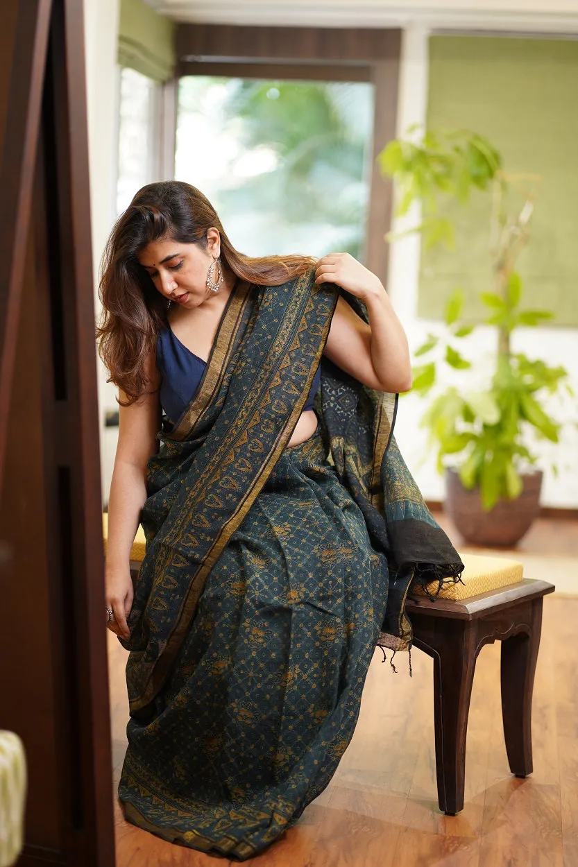 Ajrakh Hand Block Printed Linen Saree