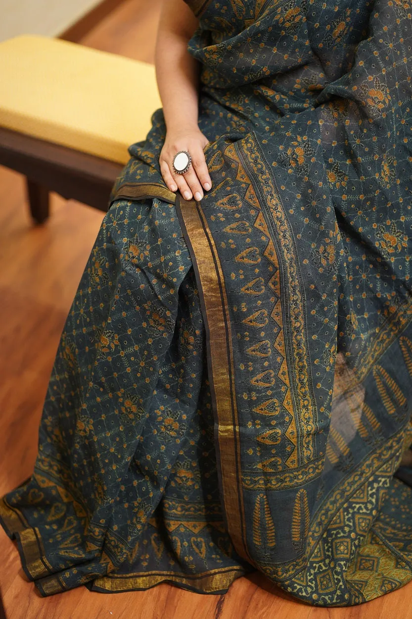 Ajrakh Hand Block Printed Linen Saree