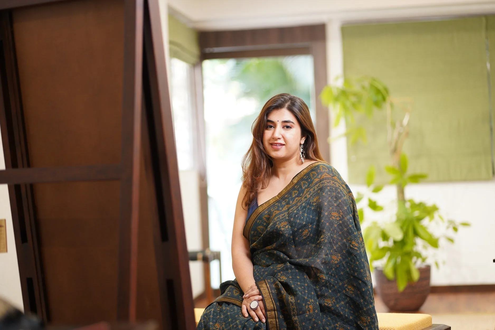 Ajrakh Hand Block Printed Linen Saree