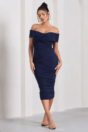 Amanda | Navy Twisted Wrap Bardot Midi Dress