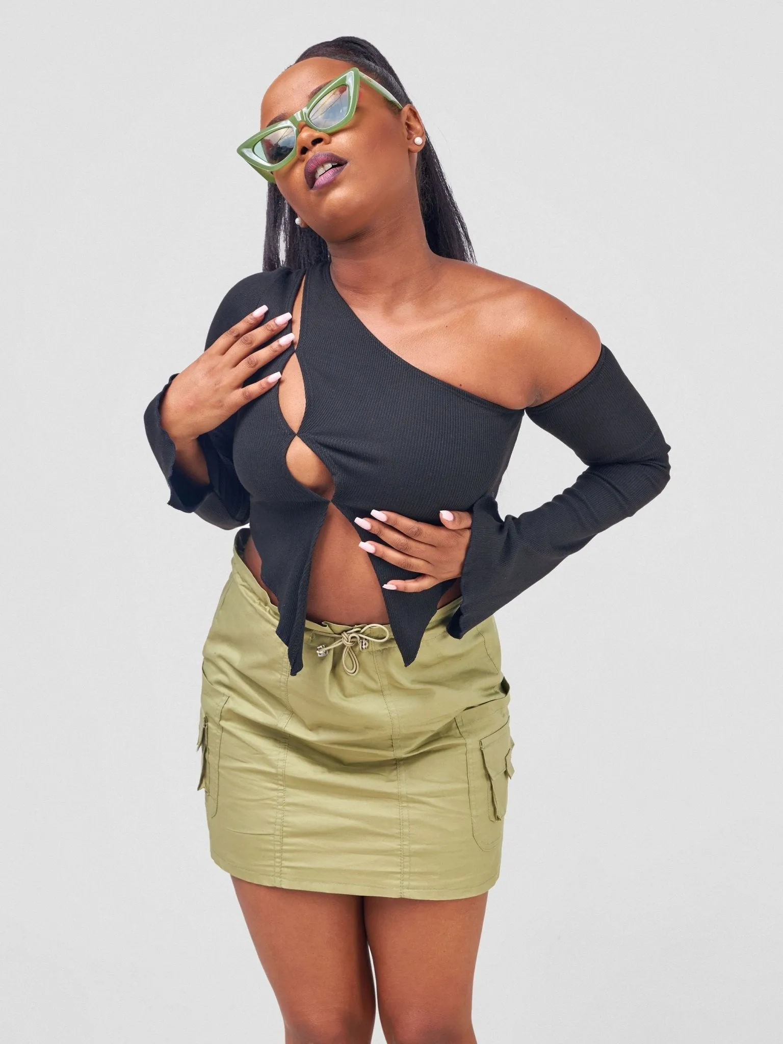 Anika Long Sleeved Asymmetrical Cutout Crop Top - Black