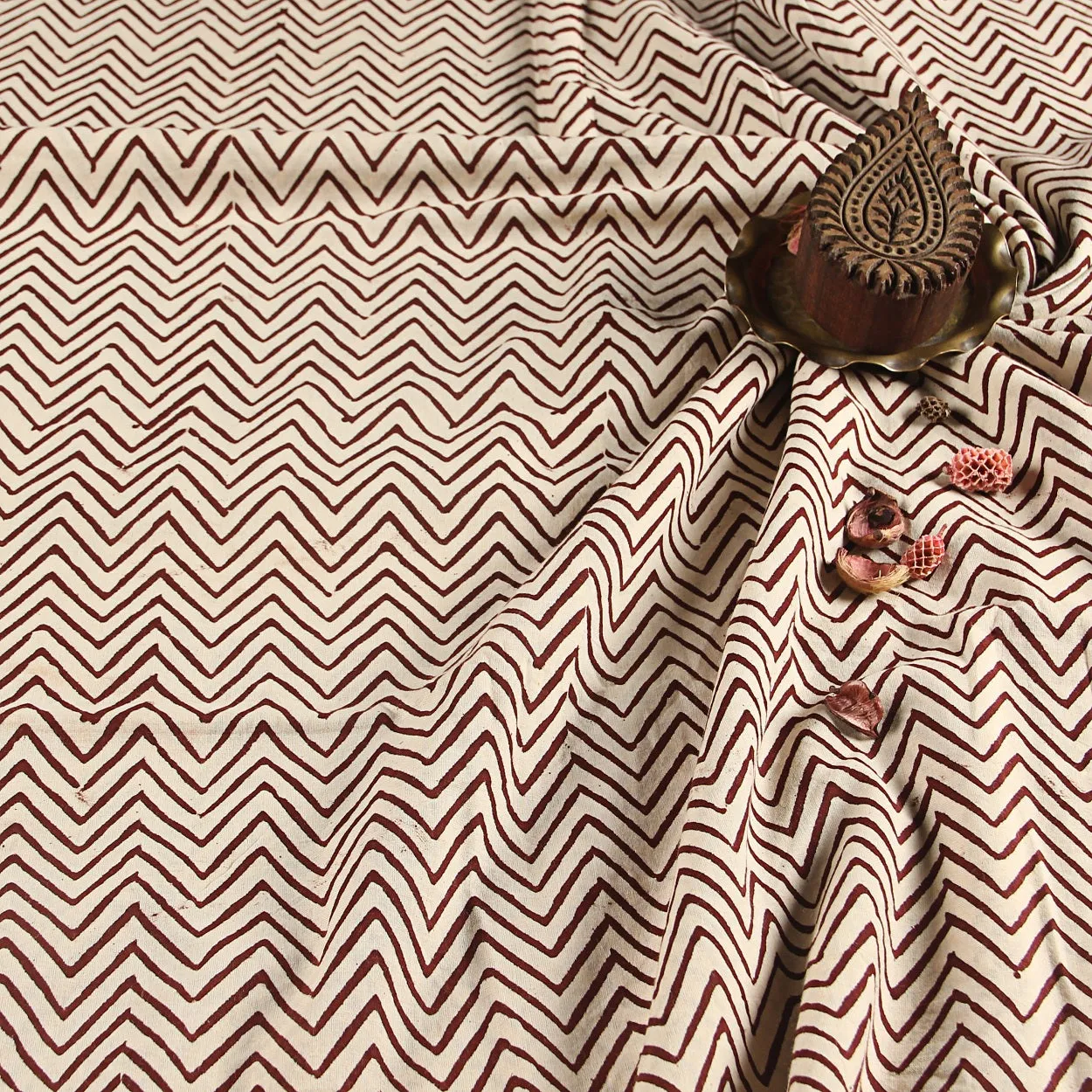 Bagru Brown ZigZag Hand Block Printed Cotton Fabric