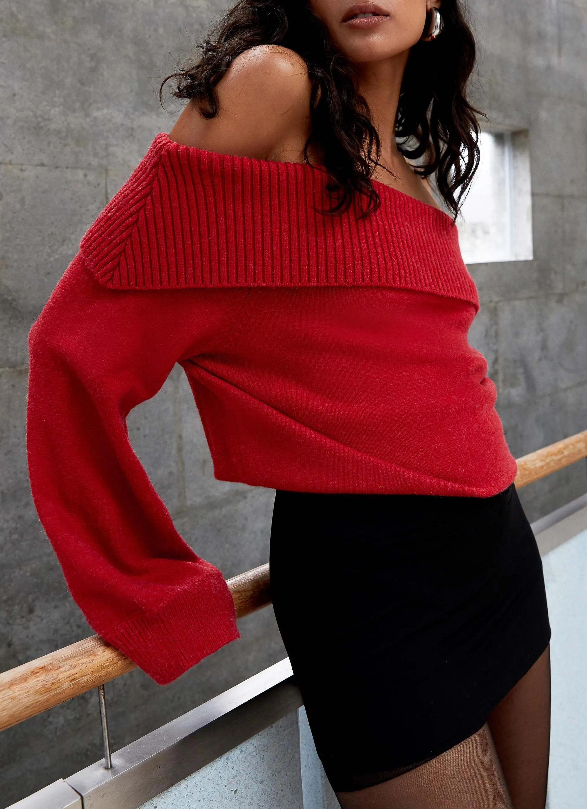 Bardot Knit Long Sleeve Top - Cherry