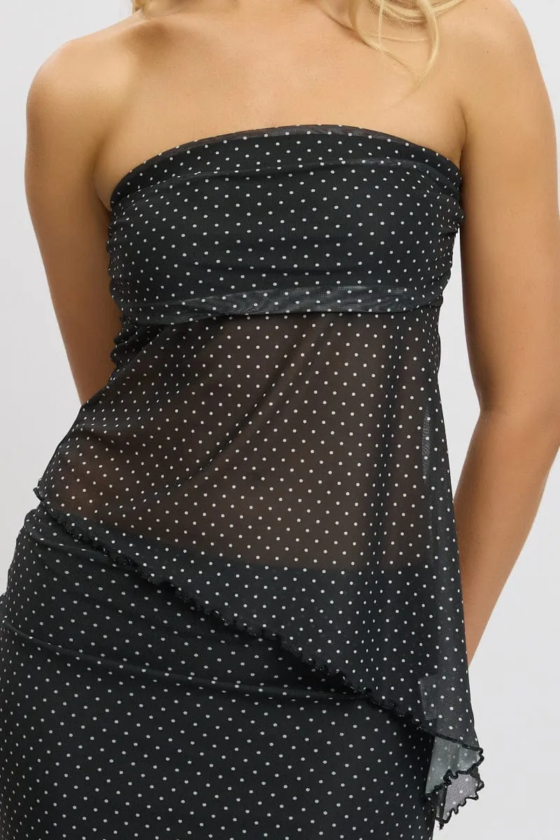 Black Polka Dot Boob Tube Top Asymmetric Hem