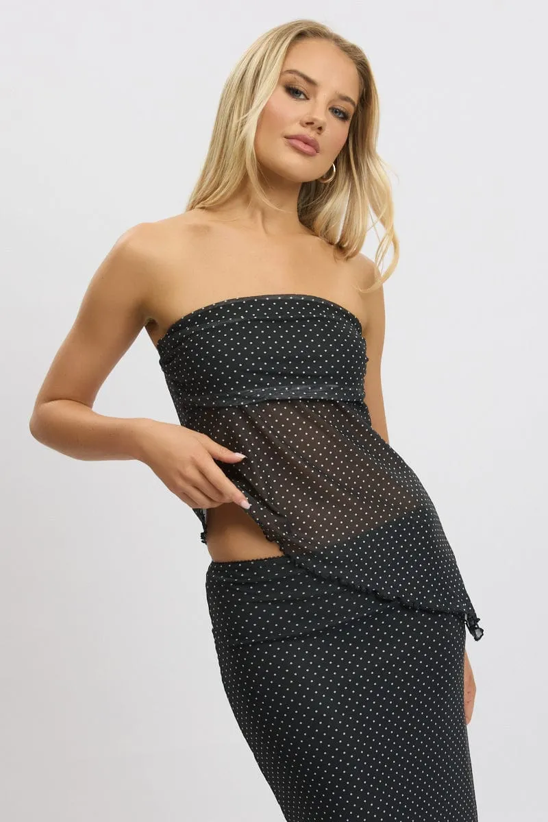 Black Polka Dot Boob Tube Top Asymmetric Hem