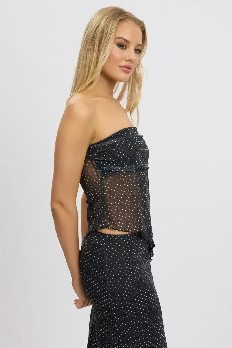 Black Polka Dot Boob Tube Top Asymmetric Hem