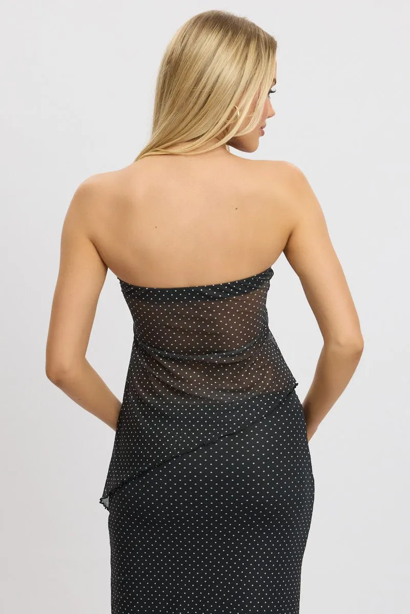 Black Polka Dot Boob Tube Top Asymmetric Hem